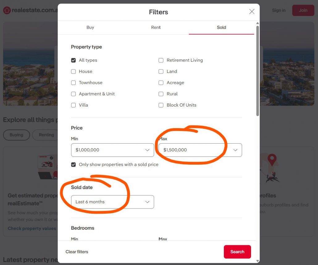 Search for recent property sales on RealEstate.com.au with filters