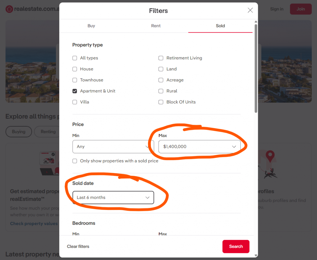 Image of RealEstate.com.au website showing sold property searches
