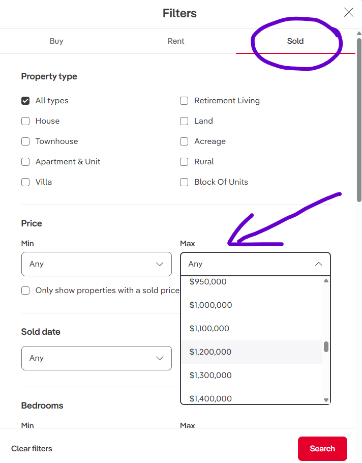 Filters used on RealEstate.com.au to find sold prices so you don't look at houses over your budget